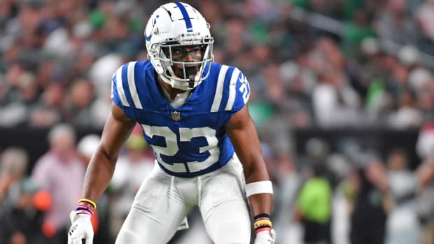 Aug 24, 2023; Philadelphia, Pennsylvania, USA; Indianapolis Colts cornerback Kenny Moore II (23) against the Philadelphia Eagles at Lincoln Financial Field.